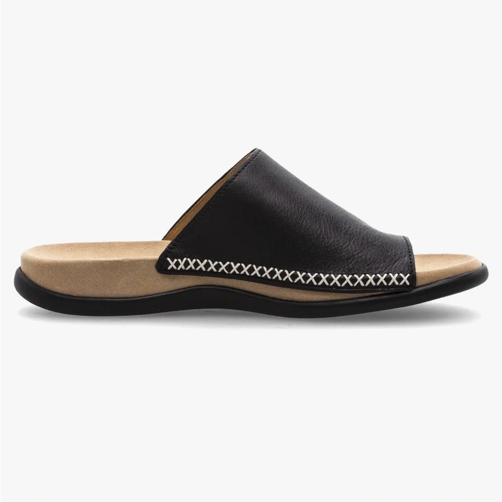 Gabor Men’s Black Leather Toe-Loop Slide with Beige Footbed sandal Size 9 - 9.5